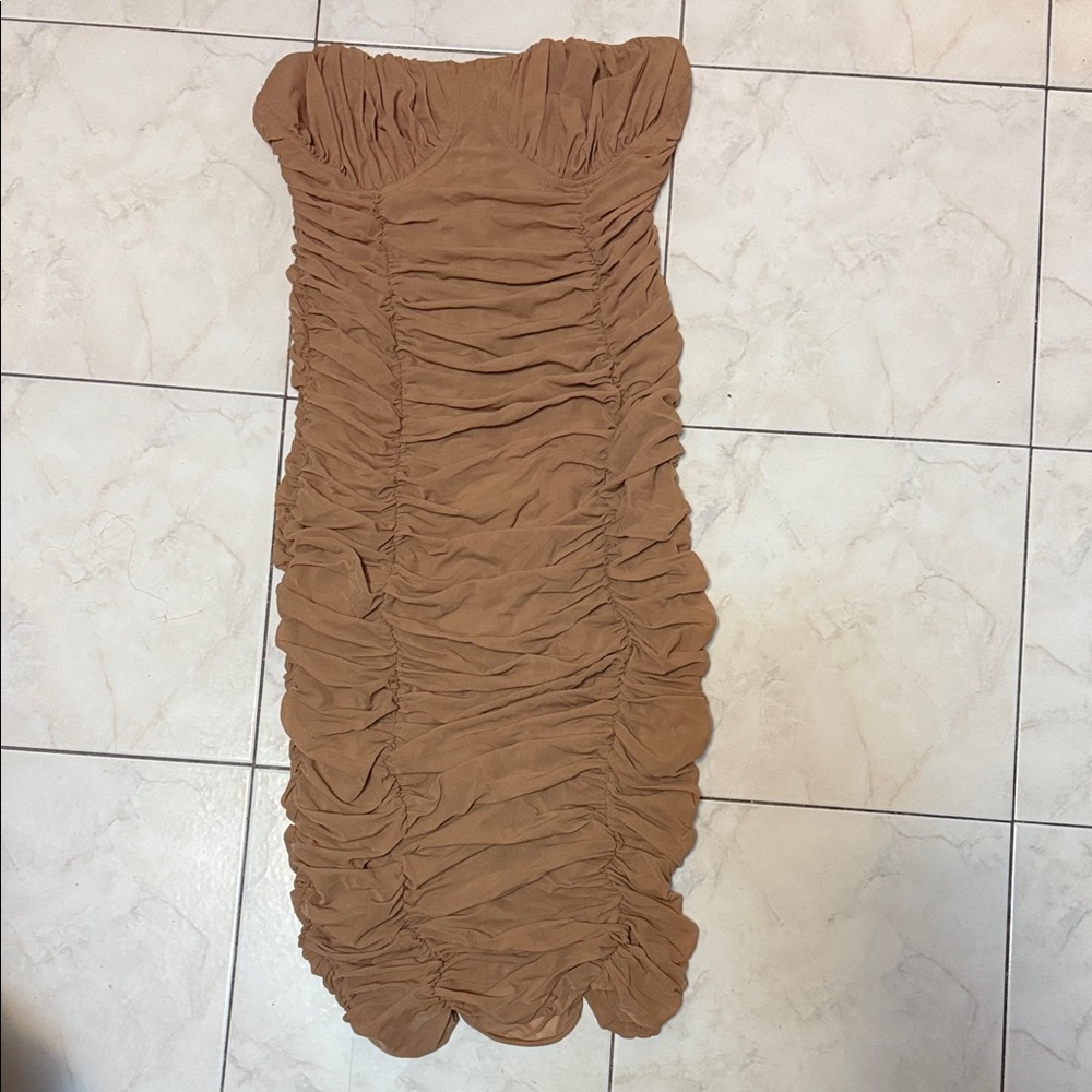 Express Strapless Tan Ruched Dress
